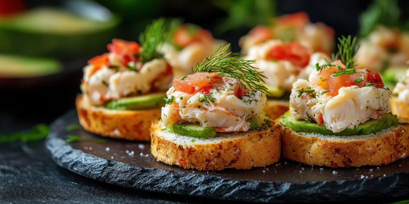 Fresh seafood appetizers on toasted bread served with herbs and vegetables at a vibrant gathering